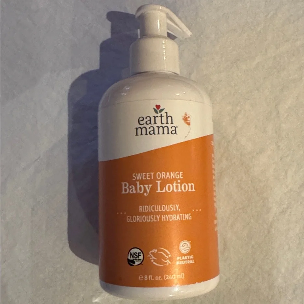 NEW! earth mama SWEET ORANGE Baby Lotion Organic Unopened Pump FOR EVERYONE 8 oz